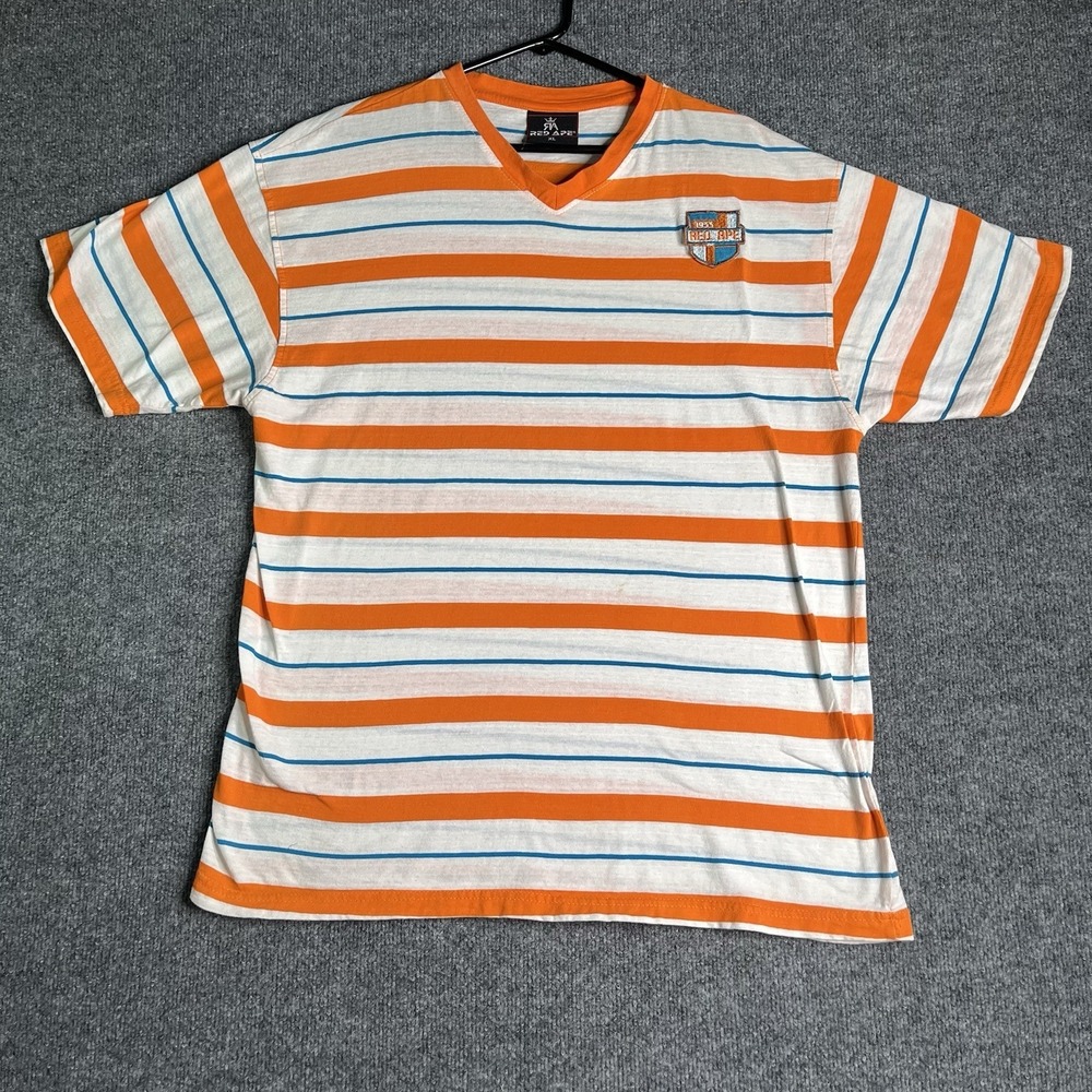Vintage Y2K Red Ape V-neck Shirt Men's XL Orange Striped Hip Hop‎ Street Wear